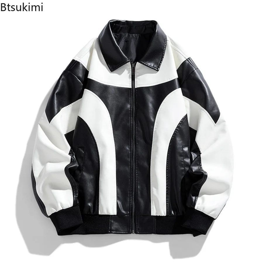 Fashion New Men's Motorcycle Biker Jackets Autumn Winter Casual Contrast Color Zipper Cardigans Male Streetwear PU Leather Coats