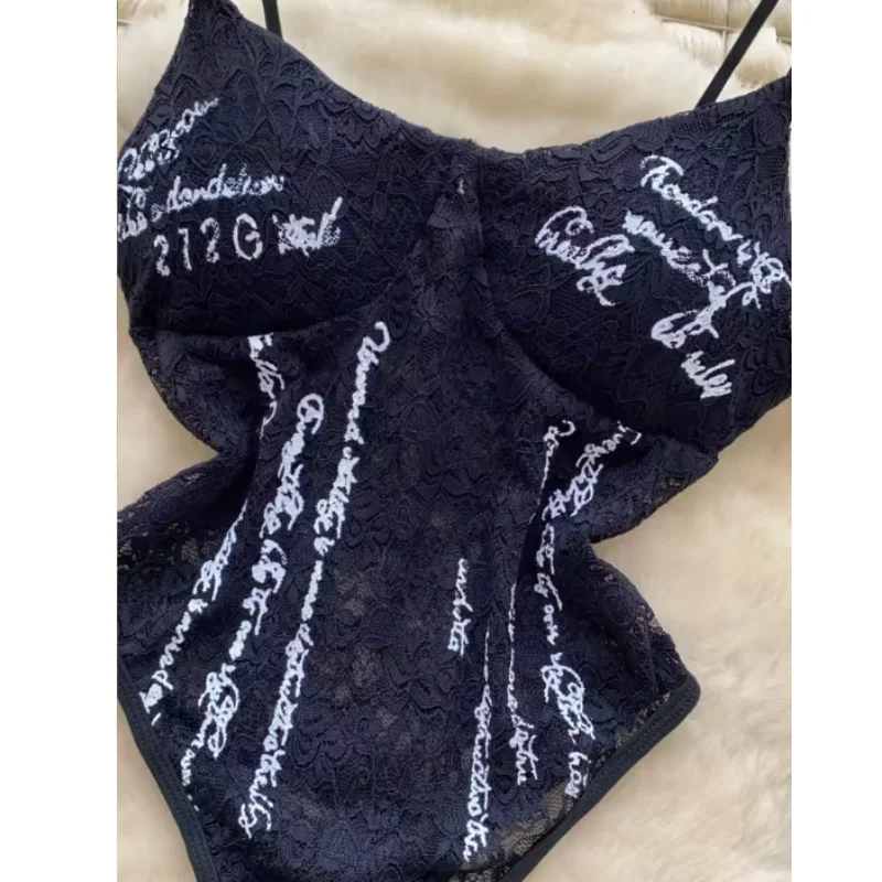 Lace Sexy Bodysuits Letter Print Summer Sleeveless Open Crotch Tank Top Strap Flirty Sheer Play bodysuit Beach Party image 3