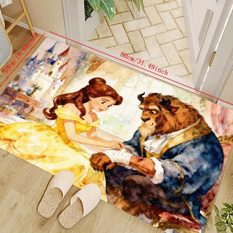 

1PC Disney Beauty and the Beast Floor Mat, Princess Belle & Beast Watercolor Style Area Rug, Non-Slip Soft Decorative Doormat fo
