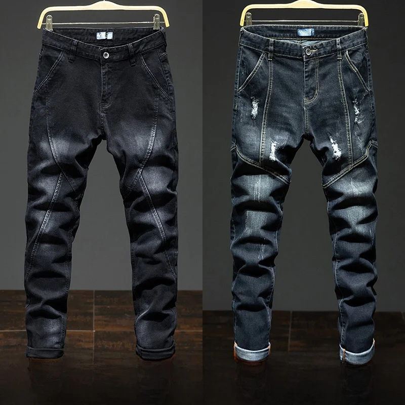 

Bla Elastic Tear Denim Jeans Men's Loose Trendy Large Size Patchwork Design Autumn Winter New Sle Youth Cotton Elastic Denim