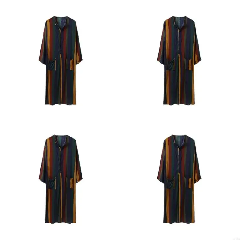 M68A الرجال ملونة مخطط Kaftan رداء الأزرار العربية طويلة الأكمام الطويلة