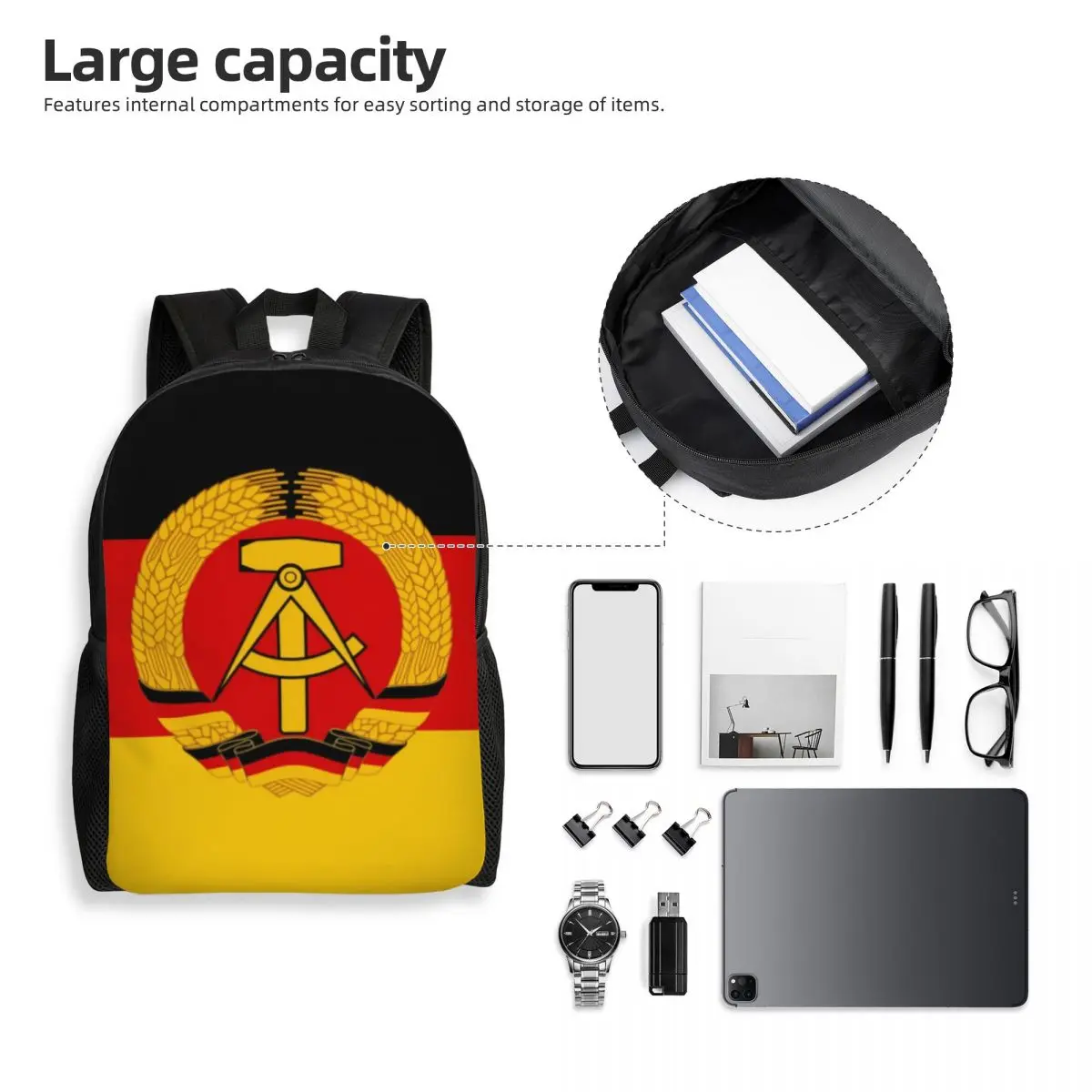 Flag Of East Germany Travel Backpack School Laptop Bookbag Deutschland Berlin German Patriotic Coat of Arms College Daypack Bag