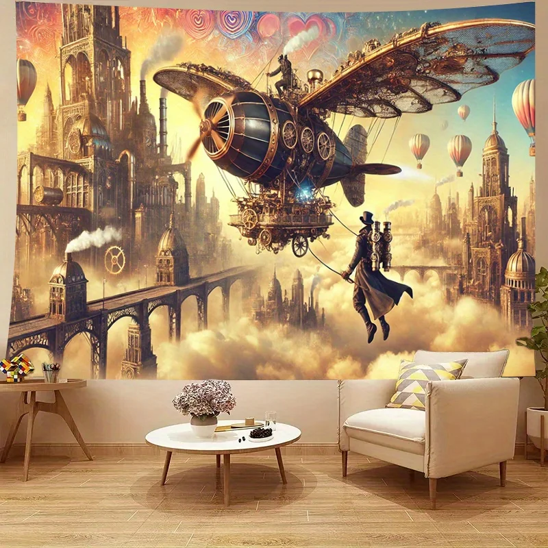Steampunk Airship Tapestry, Vintage Flying Machine & City, Fantasy Adventure Wall Hanging Retro Sci-Fi Room Decor Golden Sky Art