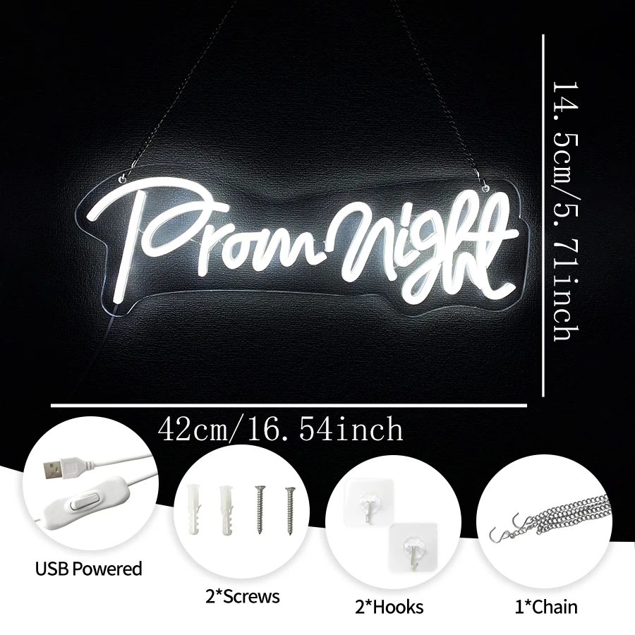 Prom Night Neon Sign, Led White Letter Icon Dance Party Background Decor, Birthday Wedding Graduation Ceremony Art Wall Lamp.
