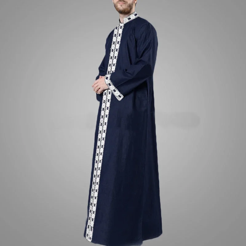 2025 New Islamic Arabic Kaftan Muslim Lace Patchwork Long Sleeve V Neck Jubba Thobe Fashion Middle East Men Robes abc