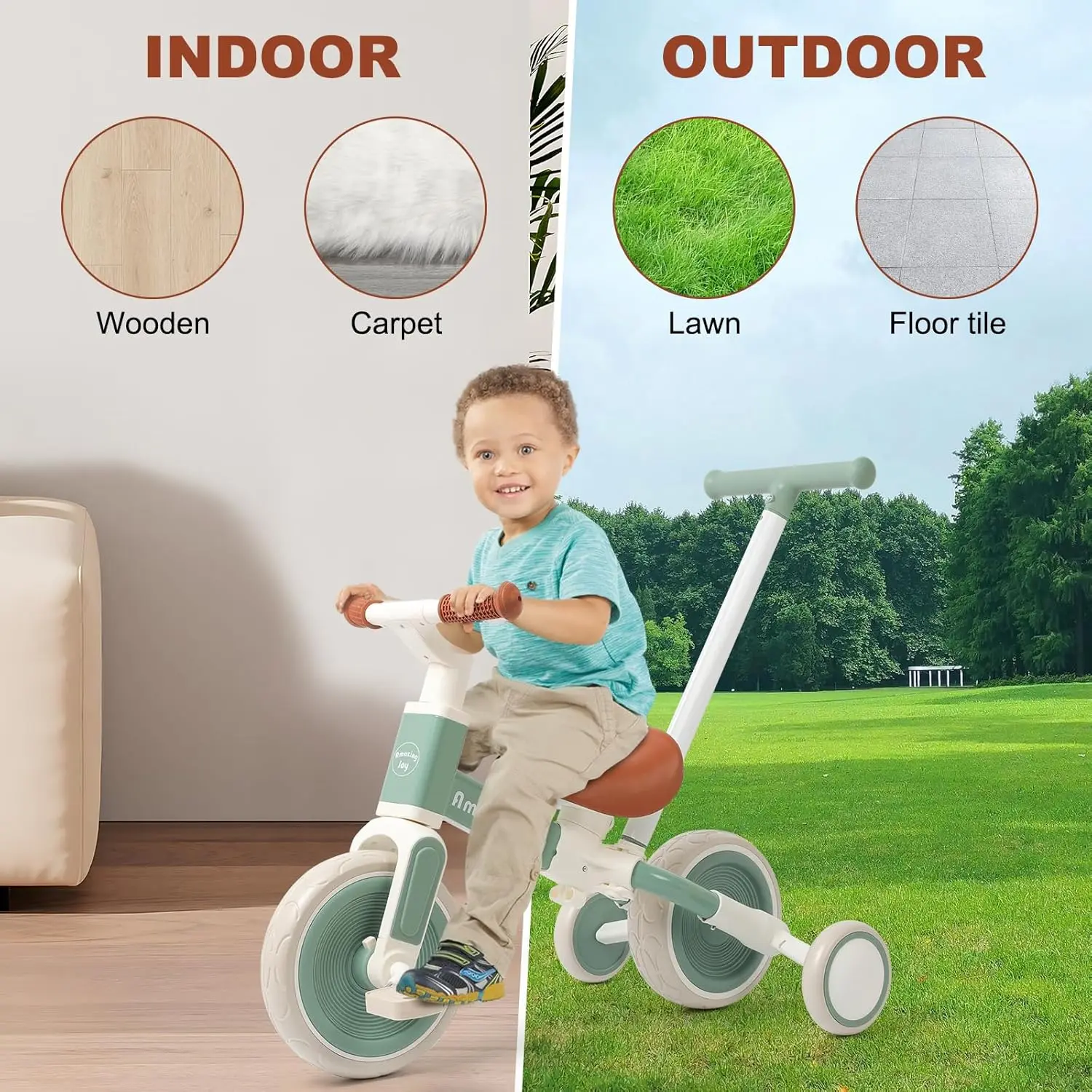 6 in 1 Toddler Tricycle with Push Handle Kids Tricycle for 2-5 Year Olds Toddler Bike for 1 Year Trikes for Kids 1-3 with Remova