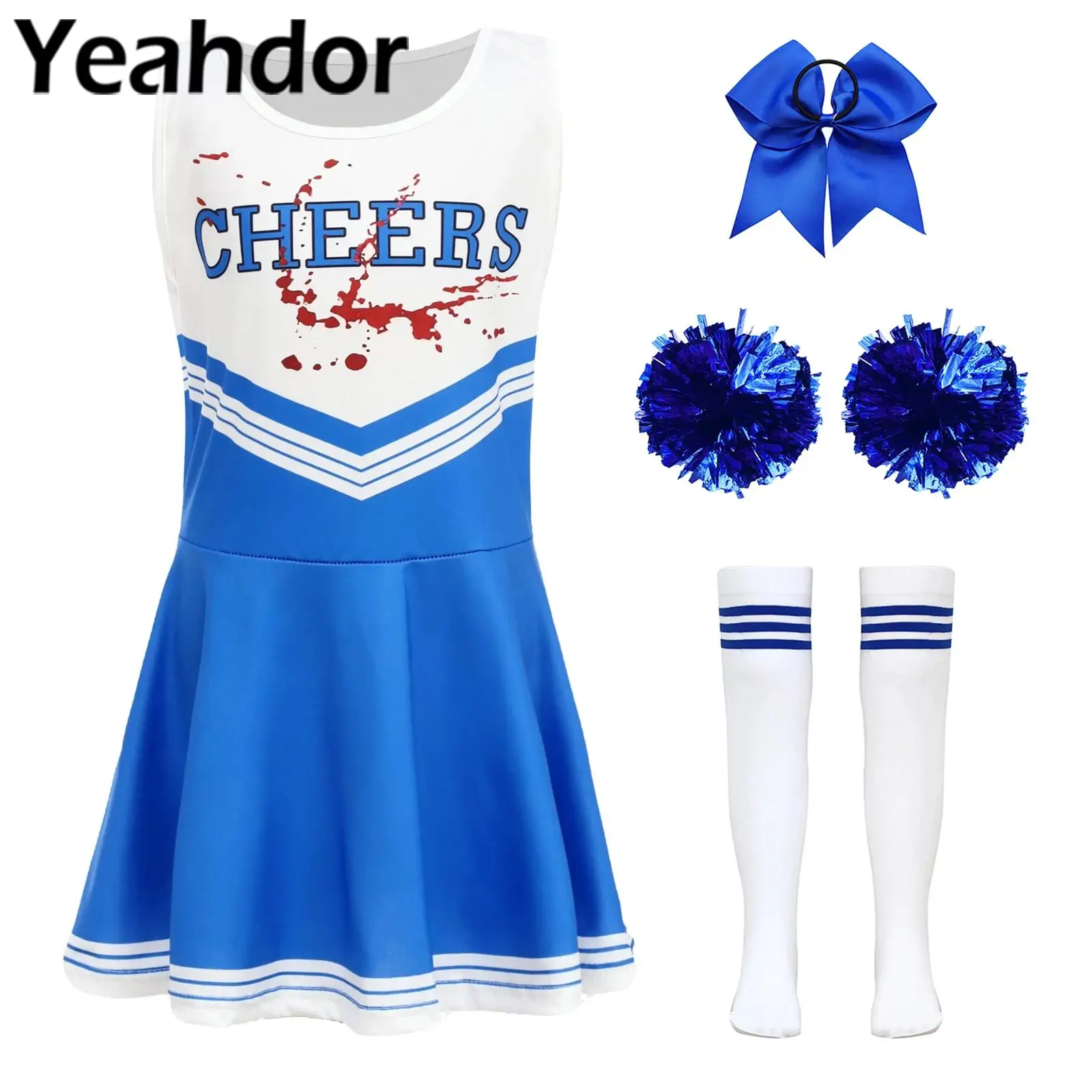 

Детский костюм лидера поддержки для девочек, танцевальная форма, наряд для выступлений, платье с буквенным принтом, включает резинку для волос, полосатые носки с цветами на руках