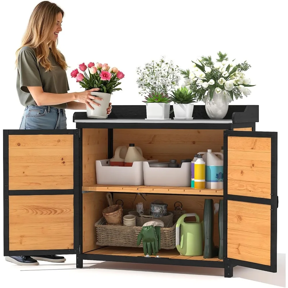 

Potting Bench, Outdoor Storage Cabinet with Metal Table Top, Garden Potting Bench Table, Solid Wood Patio Furniture, Garden Work