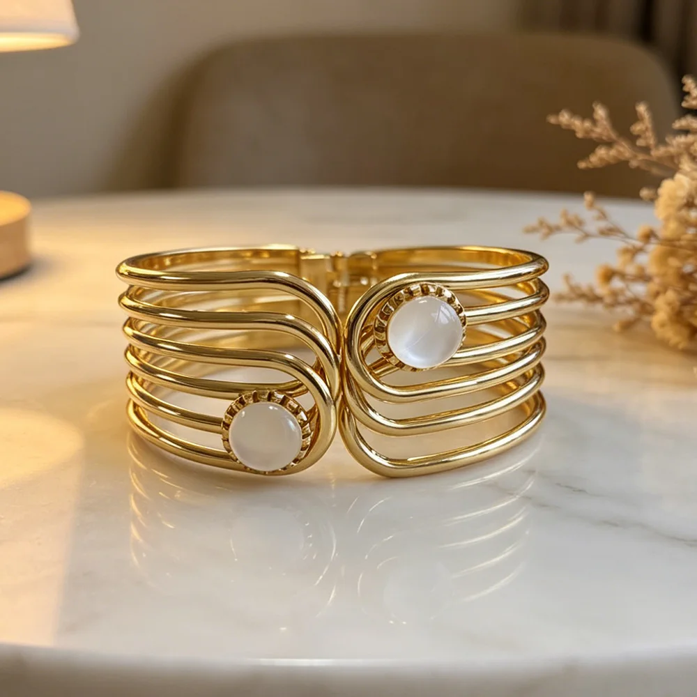 Vintage Large Stone Women's Bangle Multi-Layered Hollow Gold Color Retro Fashion Bracelet Jewelry Accessory