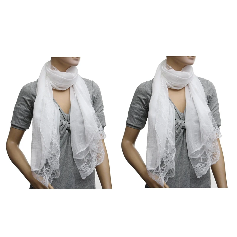 2X Woman Scarves Chiffon Lace Scarf Wrap Scarf White