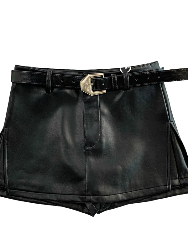 تنورة من جلد البولي يوريثان باللون البني بخصر عالٍ وتصميم تنحيف على شكل حرف A للنساء، سراويل تنورة عصرية عالية الجودة