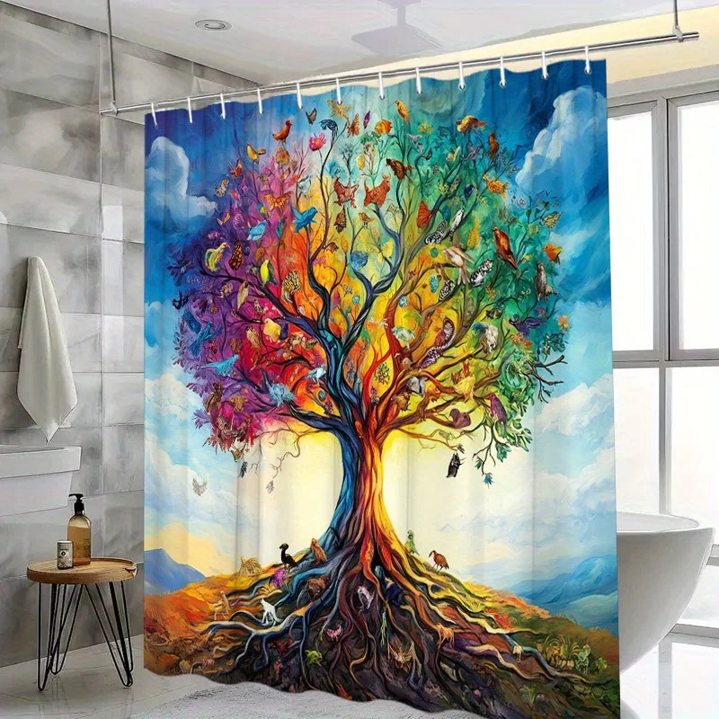 Rainbow Tree of Life Waterproof Shower Curtain for Bathroom Decor, Unique Art Design, Vibrant Colors, Modern Fashion