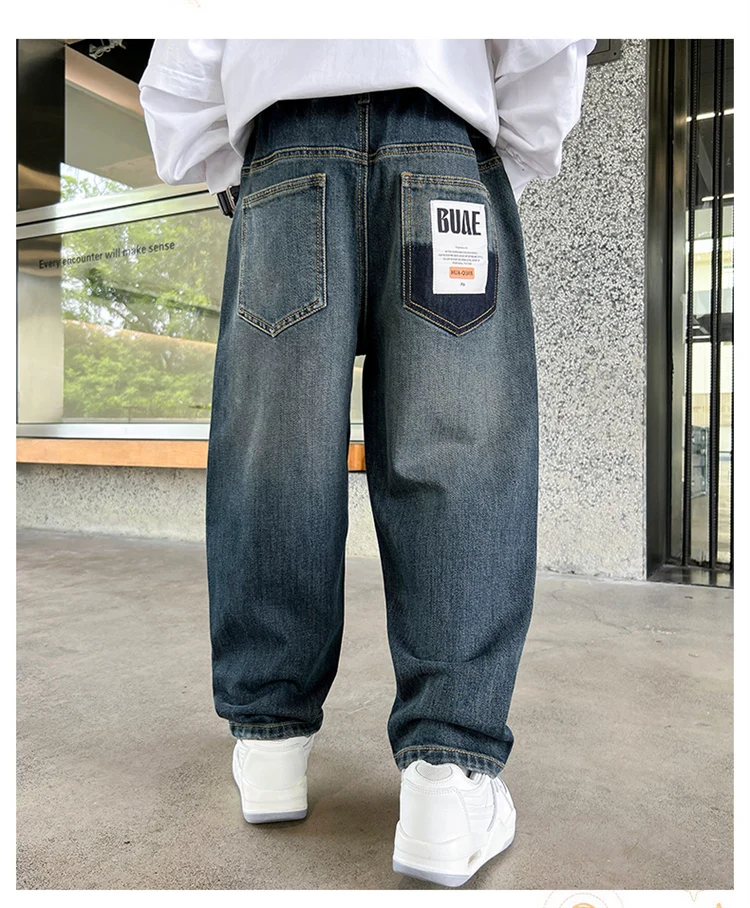 Heißer Verkauf Kinder-Jeans mit Taschen für Jungen Neue Frühlings-Jeans mit elastischem Bund Hochwertige Teenager-Jeanshosen – Detail 5