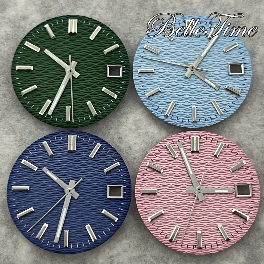28.5mm  Wave Textured Watch Dial + Hands Green Luminous Watch Replacement Accessories Fit  NH35 NH36 Movement
