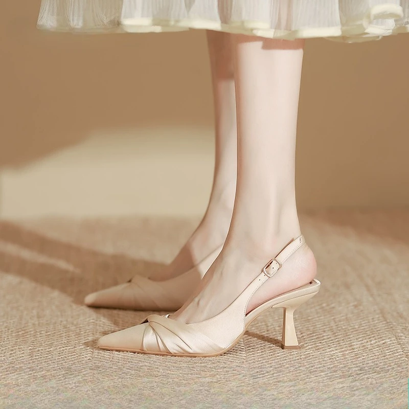 

2026 Женские атласные туфли на шпильке с босоножками и острым носком - абрикосовые/черные/красные элегантные женские туфли на высоком каблуке для весенней вечеринки Q-750