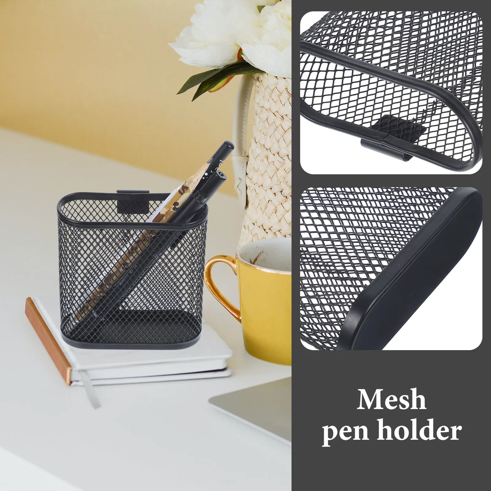 

Iron Mesh Pen Holder Large Capacity Desk Organizer Pencil Cup Rounded Edges Square Base Stable Writing Office Supplies