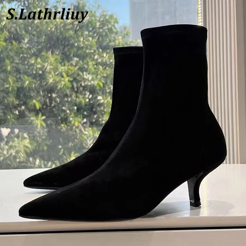 2024 Autumn Winter Pointed Toe High Heels Stretch Boots Women's Genuine Leather Cat Heels Ankle Botas All Match Short Boots