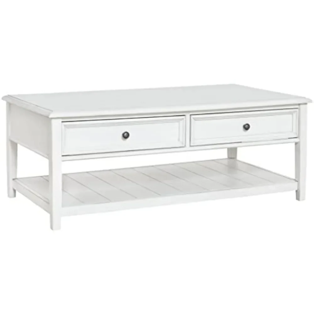 

Farmhouse Rectangular Coffee Table with 2 Drawers, Whitewash side table