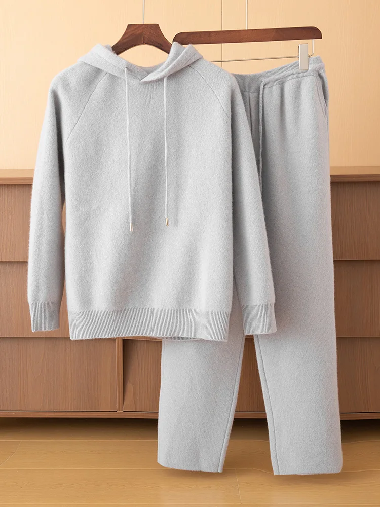 

Мужской свитер с капюшоном, кашемировый пуловер, толстые повседневные брюки, трикотаж из 100% кашемира, осенне-зимний теплый однотонный комплект мягкой одежды