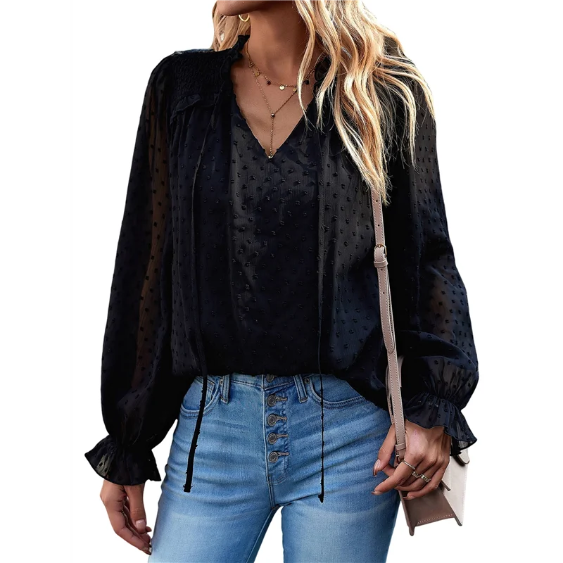 

CGS-Женская повседневная блузка, летние рубашки в швейцарский горошек, элегантные свободные нарядные офисные топы с v-образным вырезом и длинными рукавами