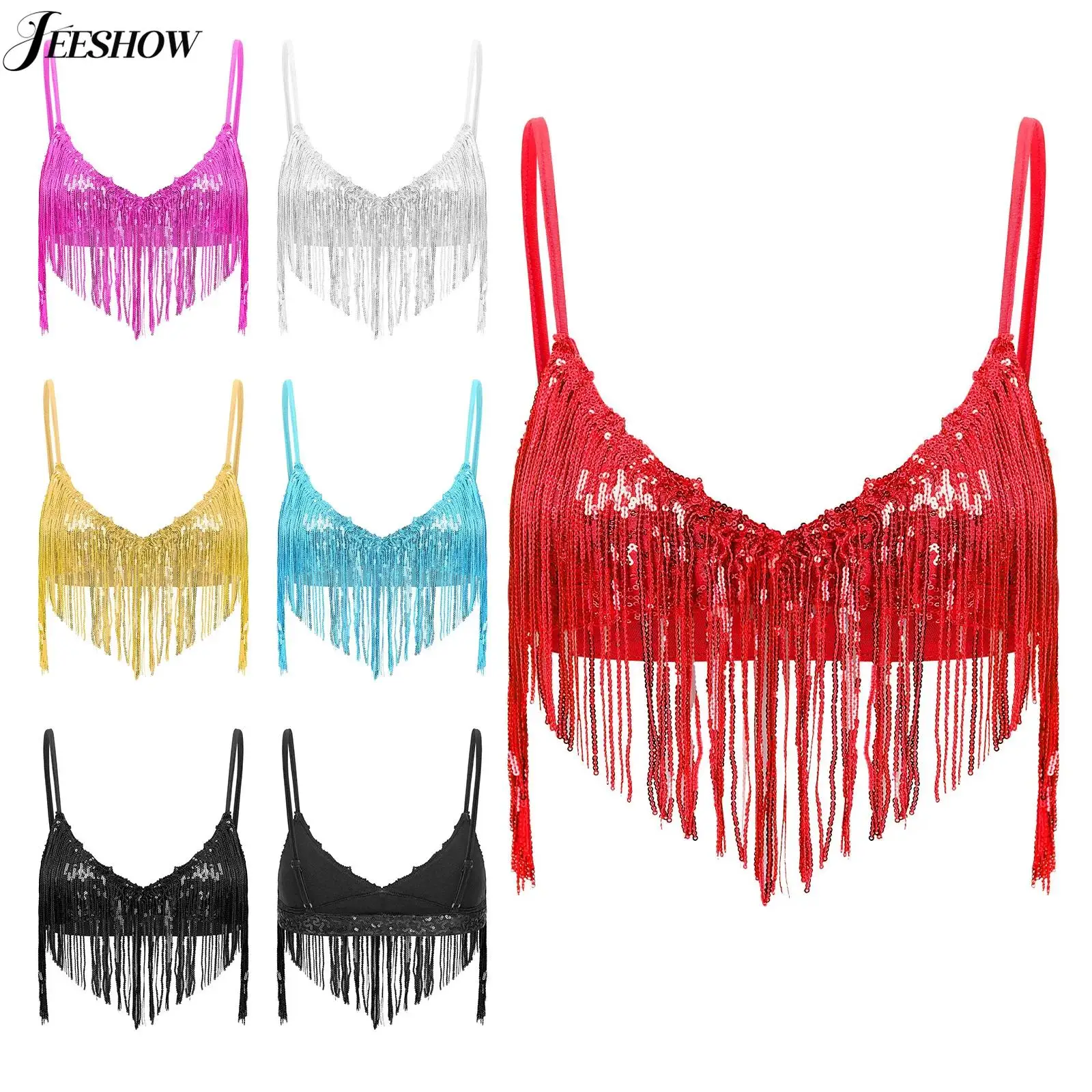 Damen-BH mit glänzenden Pailletten, Quasten, Bauchtanz-BH, Oberteil, Swing-Fransen, Spaghettiträger, abgeschnittenes Leibchen, ohne Polster, kabellose Bralette, Tanzbekleidung