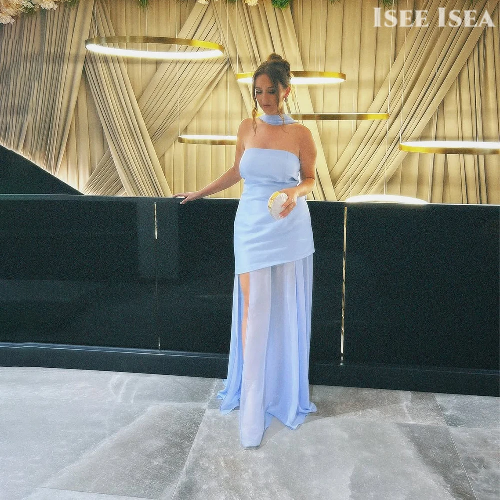 

Elegant Sky Blue Evening Dresses Strapless Chiffon Prom Gowns High Slit Mermaid Wedding Guest Dress Customized إيلي صعب