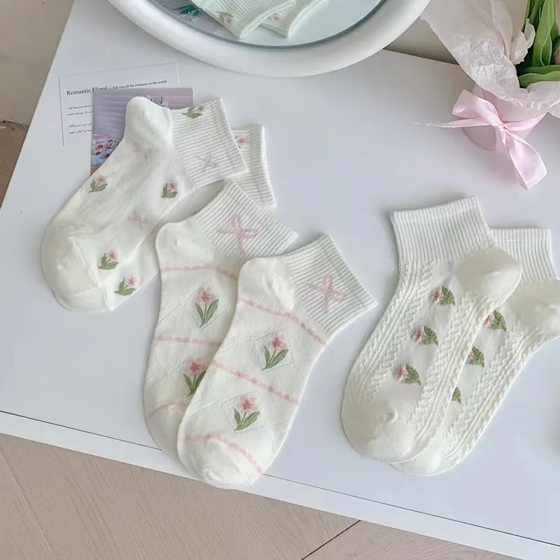 5 pares de calcetines de mujer, calcetines finos de verano con absorción de sudor, estilo universitario, tulipán, calcetines de algodón dulces y encantadores, regalo de ocio para mujer