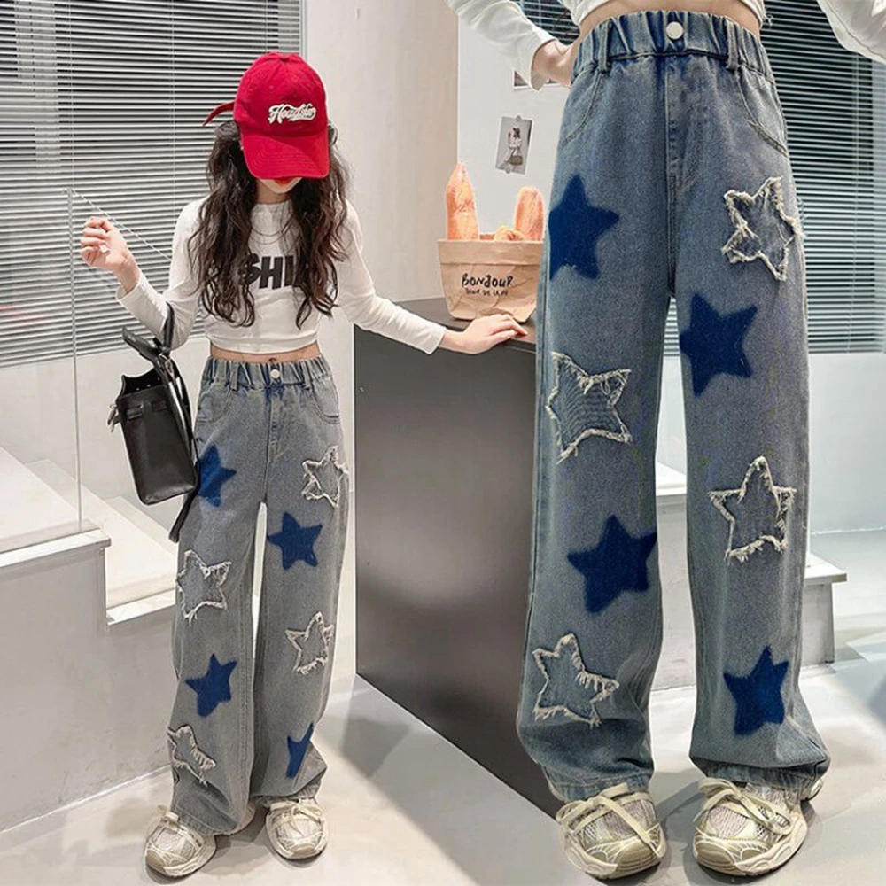 Teenage Girls Loose Pants Spring Autumn New Fashion Side Five-Pointed Star Design Pants Children Trousers Kids 5 7 9 11 13 14Y