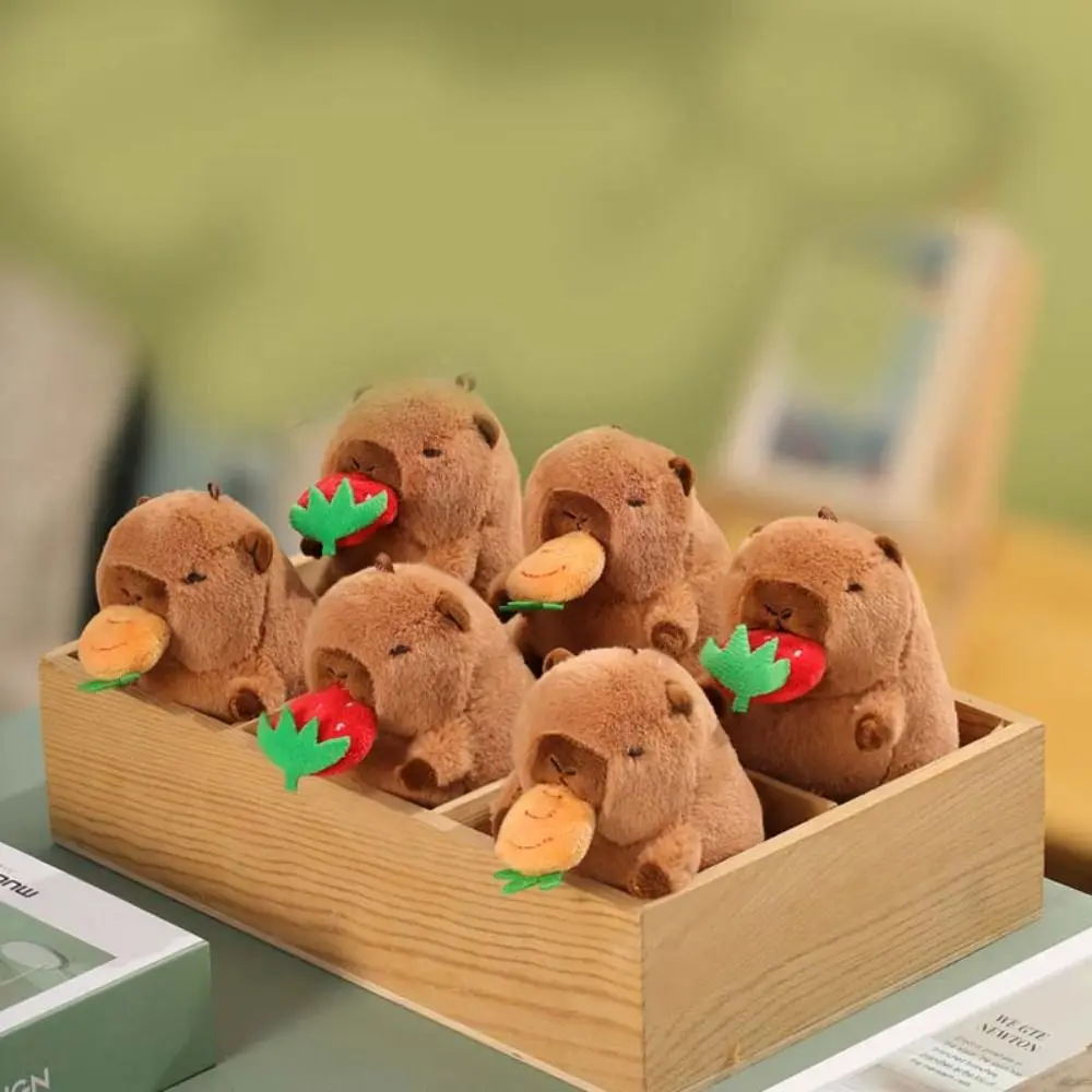 Kawaii Pullable Capybara Plush Pendant Radish 11cm Car Keyring Bag Hanging Strawberry Dolls Keychains Birthday Gift