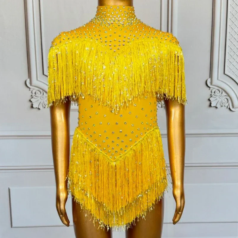 Kids Latin Dance outfit Performance Festival Outfit Yellow Rhinestones Fringed Bodysuit  Jazz Dance Costume Stage Group Clubwear