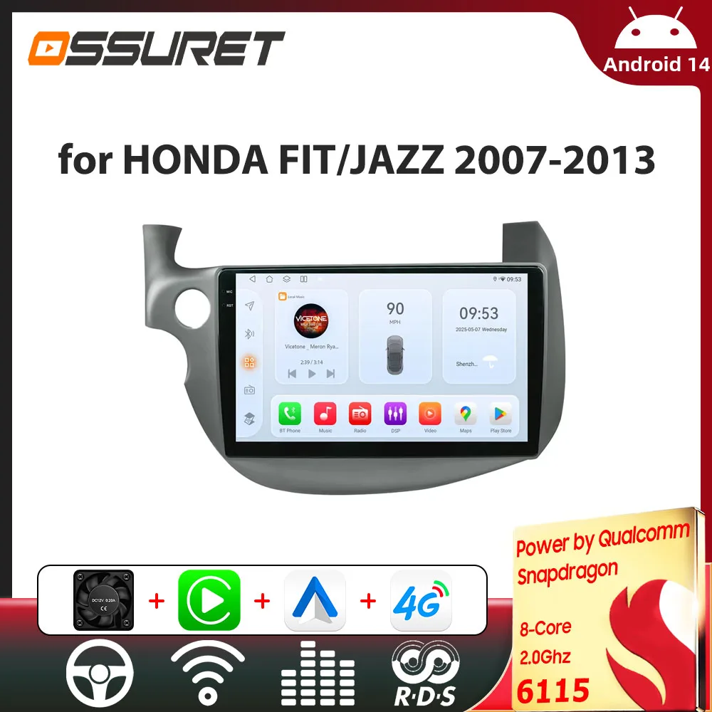 Auto-Multimedia-Player für Honda FIT JAZZ (links Fahren), 2007–2014, intelligenter Bildschirm, 10,1 Zoll, Android 14 Carplay von Snapdragon 6115