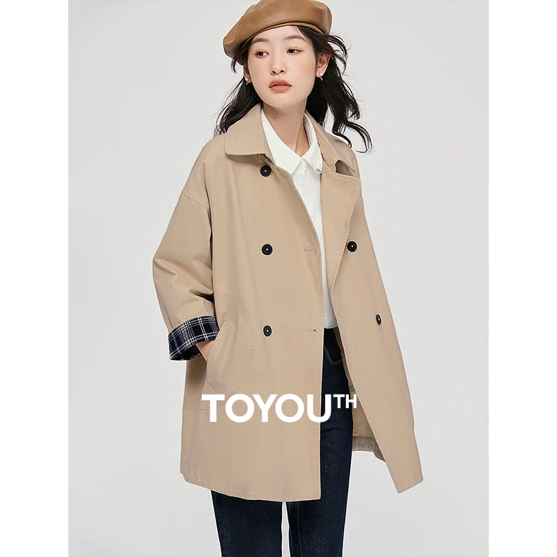 TOYOUTH Women Plaid Pattern Windbreaker 2024 Spring Retro British Cotton Coat