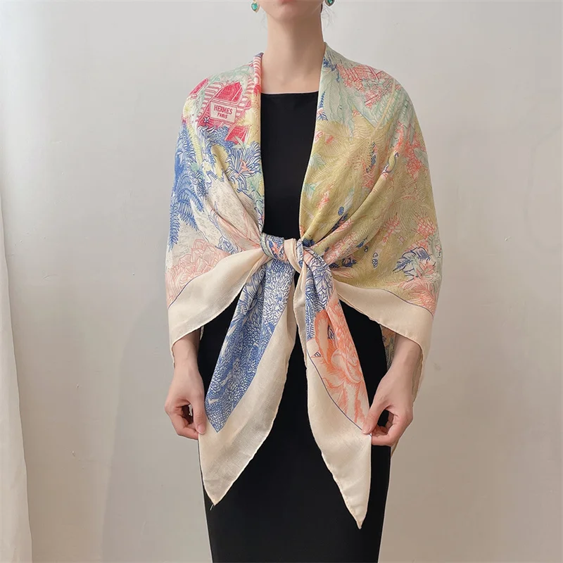 2024 Fashion Oversize Square Luxury Floral Viscose Shawls And Wraps Beach Cover Pashmina Stole Bufandas Muslim Sjaal 135*135Cm