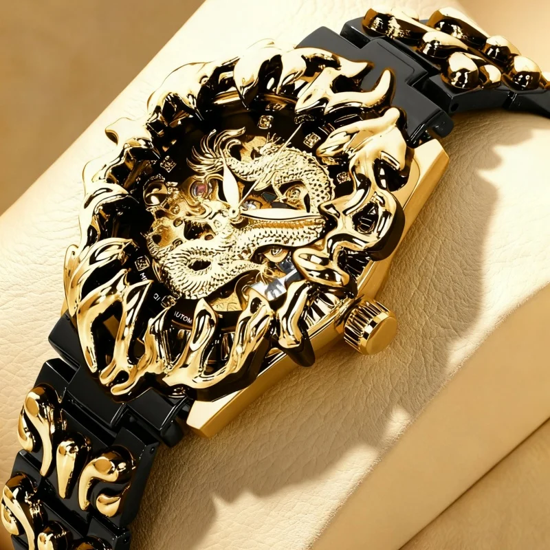 A men's black and gold steel strap casual niche carved dragon pattern mechanical watch
