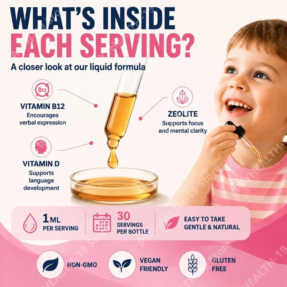 Googeer Little Speakers Liquid Supplement Vitamin B12 D3 Zeolite For Verbal Expression Language & Focus Support, Kids, 30ml