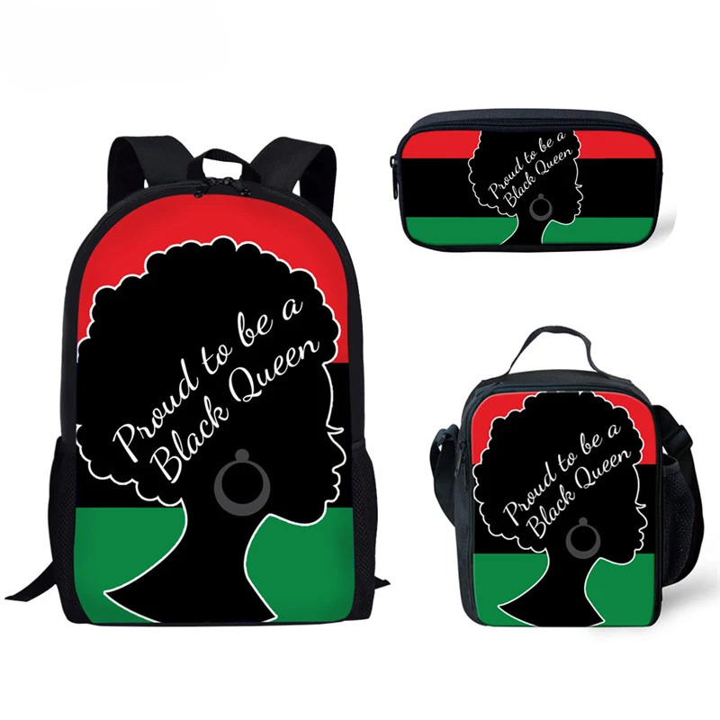 Black Queen Printing Women Backpacks 3pcs Package Kids School Bags Set Teenager Girls School Backpack with Lunch Box Pencil Case