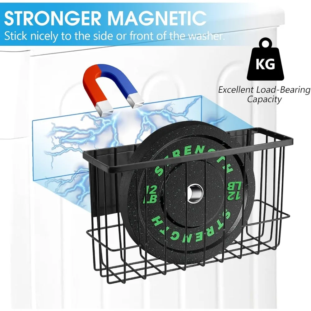 رف منظم غرفة الغسيل المغناطيسي، رف تخزين أسود غير لامع للغسالة أو جانب المجفف - حامل مغناطيسي، بدون مثقاب - يتضمن