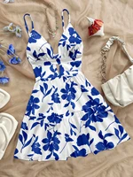 Novedad de verano para mujer, oferta especial, vestido étnico para vacaciones en la playa, grande, liso, azul marino, estampado Floral, ajustado, corto, suave, azul marino