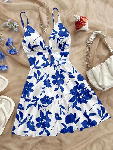 Novedad de verano para mujer, oferta especial, vestido étnico para vacaciones en la playa, grande, liso, azul marino, estampado Floral, ajustado, corto, suave, azul marino