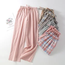 Spring Autumn Women And Men 100% Cotton Sleep Bottoms Plus Size Night Trousers Sleepwear Pants Lovers Casual Plaid Home Pants