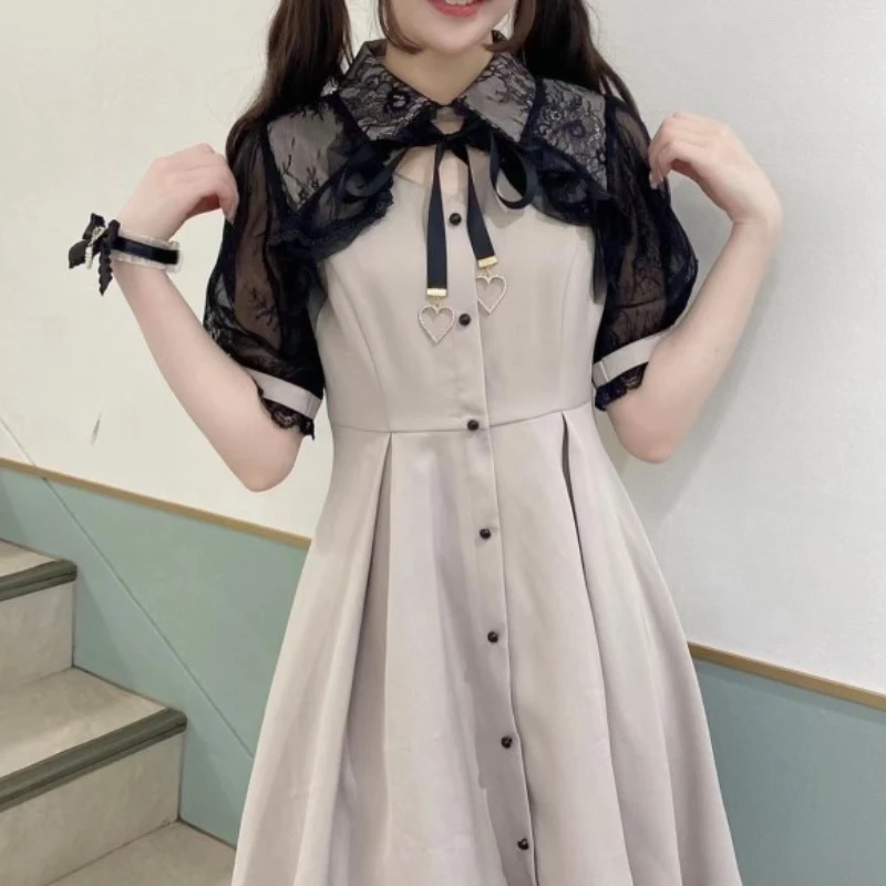 

Dophee Japan Style Lolita Dress for Women Spring Summer Perspective Lace Short Sleeve Love Pendant A-line Gothic Shirt Dress