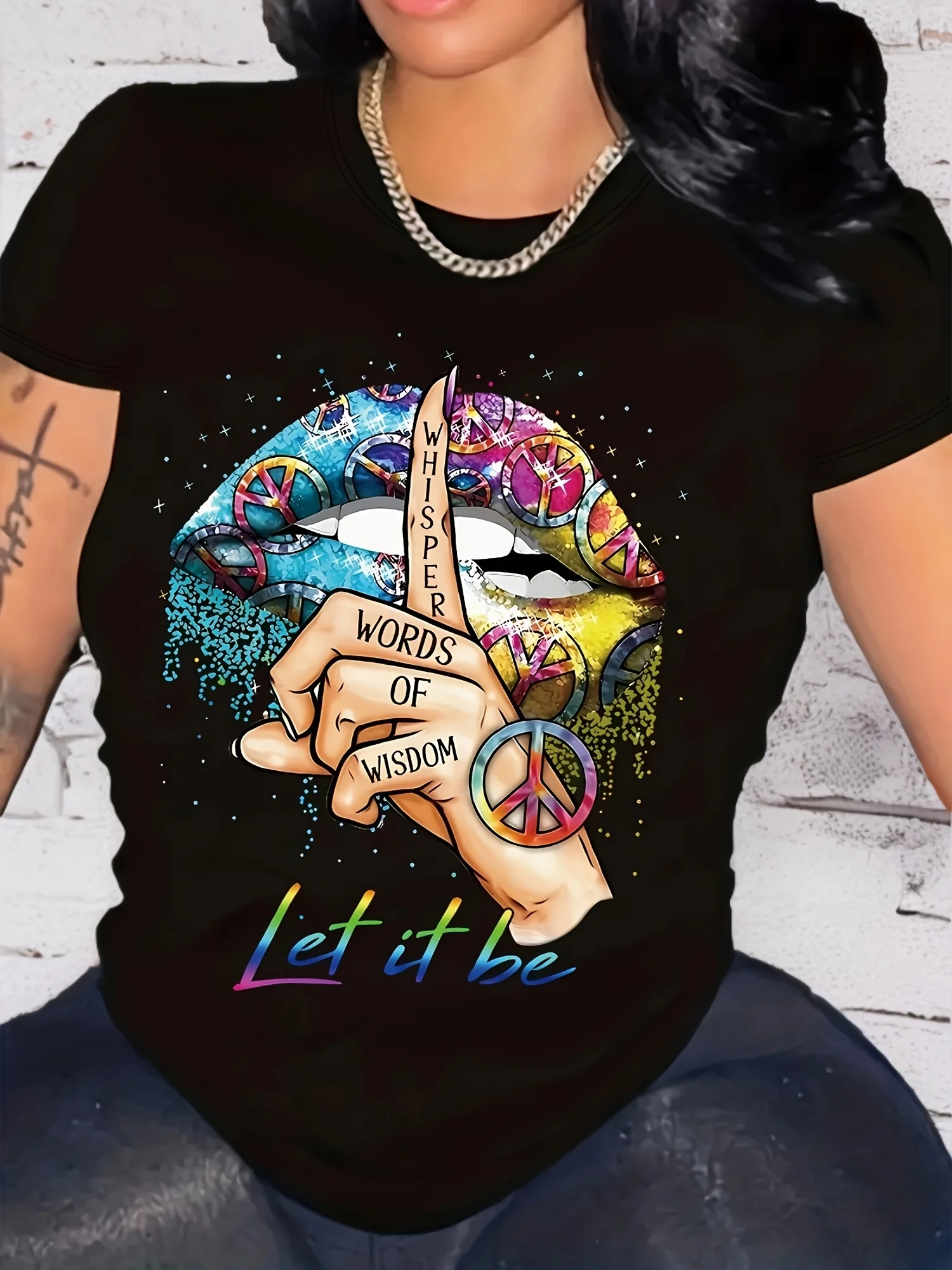 여름 프린트 탑 여름 드레스 여성 캐주얼 반팔 크루넥 티셔츠 평화 로고와 입술 프린트 및 생생한 디자인