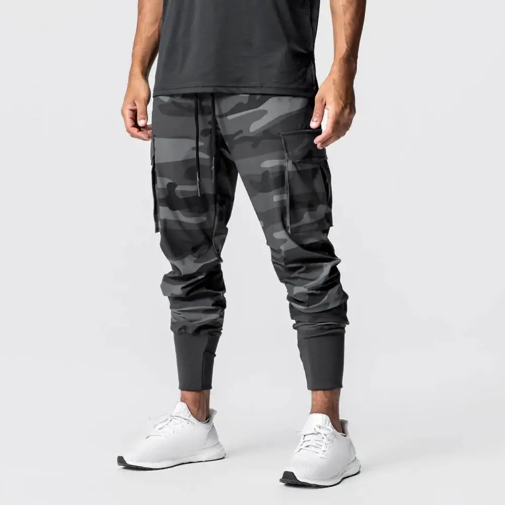 

Adjustable Drawstring Trousers Slim Fit Camouflage Print Men's Jogging Sweatpants with Zippered Pockets Elastic Waist for Gym