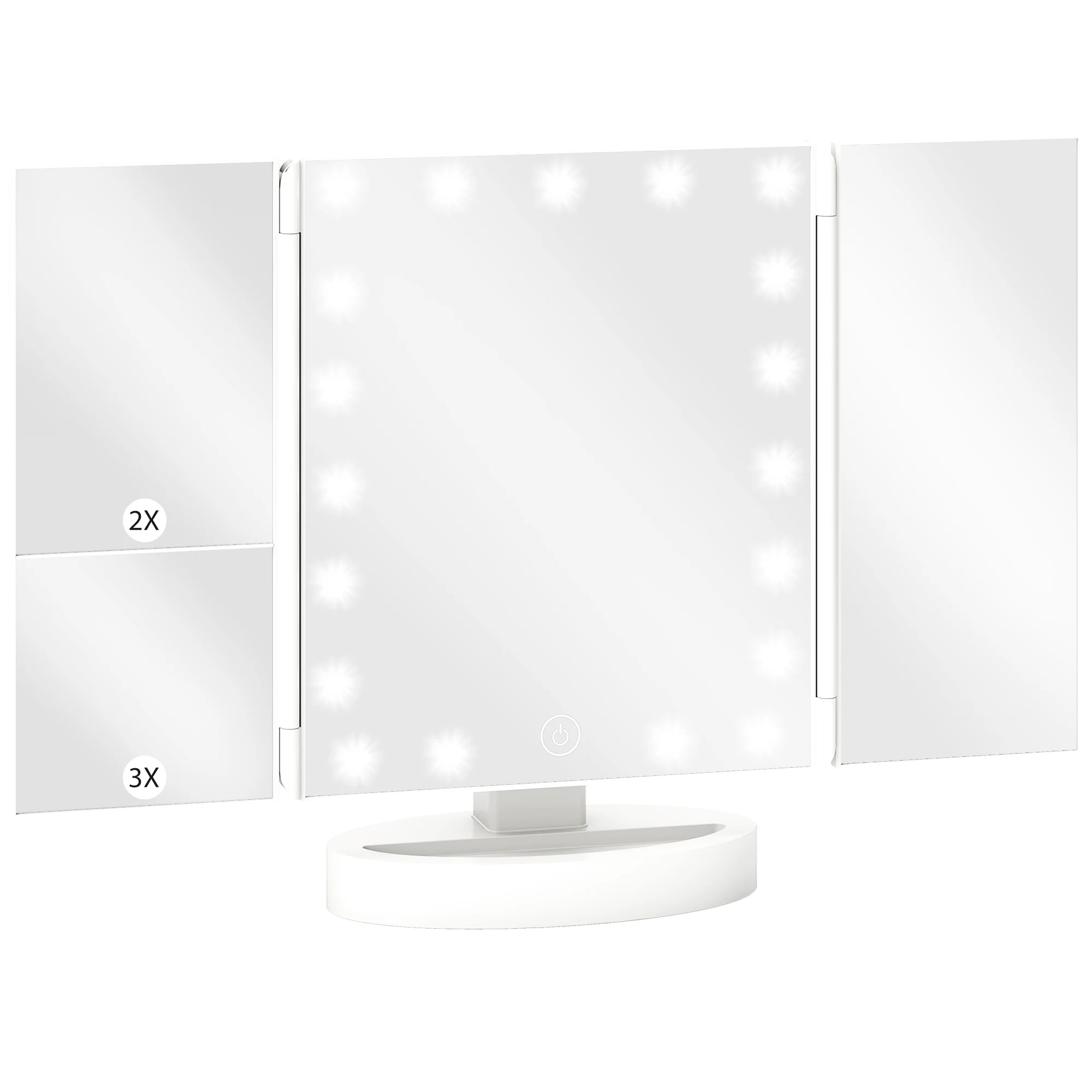 Specchio per il trucco Homcom con luce, triplo specchio cosmetico, con ingrandimento 1X/2X/3X, rotazione libera 180 °   , 21 luci a LED, interruttore tattile, doppio alimentatore, bianco
