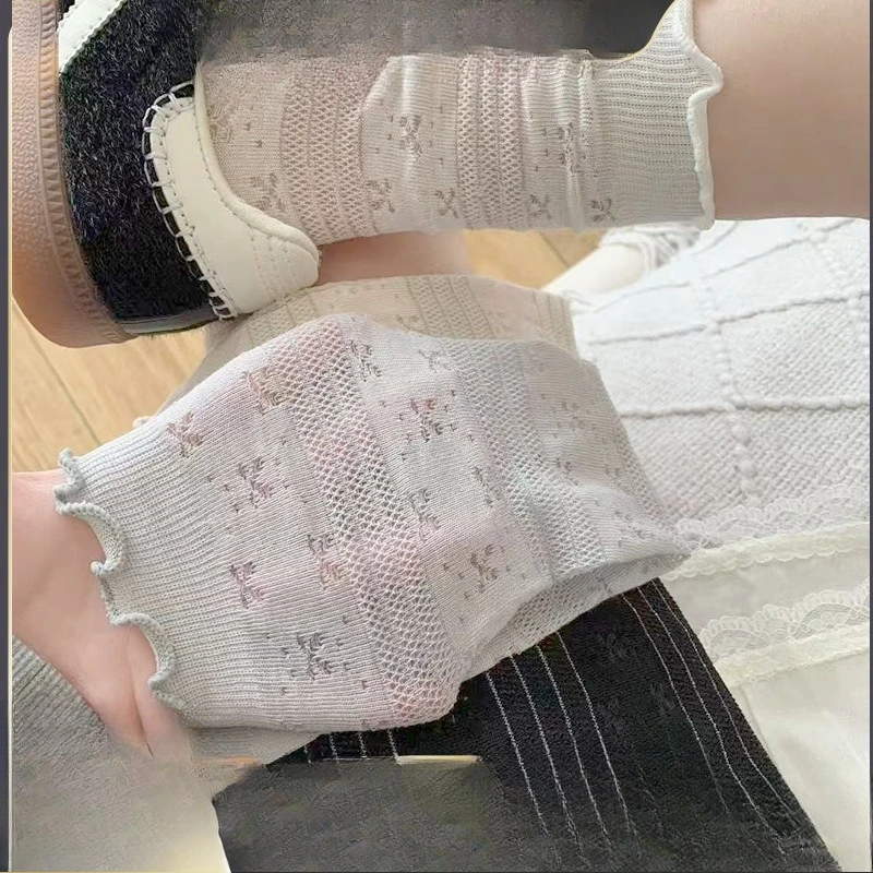 

4 PairsLace Trimmed Hollow Bow Knee High Socks for Girls Stacked Socks Thin Summer Style