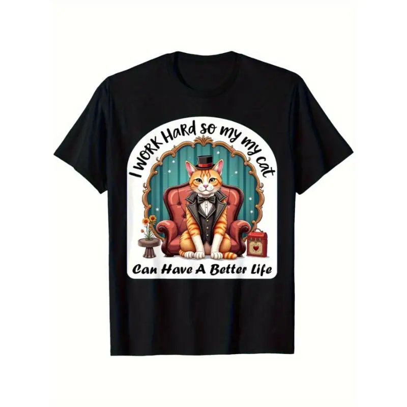 

Funny Cat Pun T-Shirt - I Work Hard So My Cat Can Have A Better Life Graphic Tee With Orange Cat In Suit & Top Hat Design