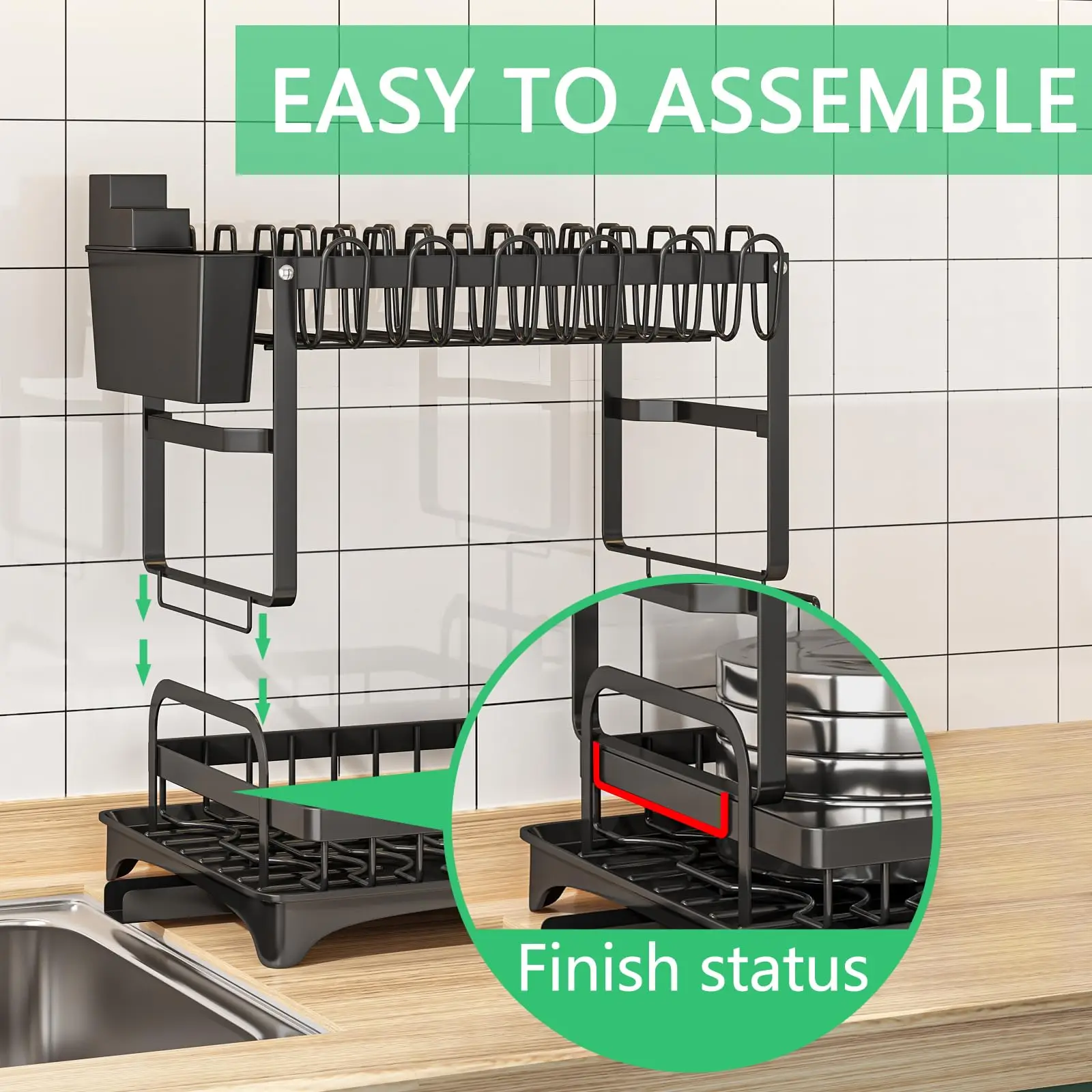 

Dish Drying Rack Kitchen Counter Removable Utensil Holder 2 Tier Dish Knifes Cup Cutting Board Stand Shelf Rack with Drainboard