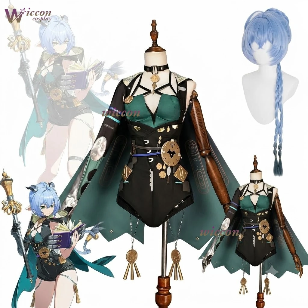 Zenless Zone Zero Lucia Elowen ZZZ Cosplay Cheveux bleus Oreilles de bête Queue Cape Capuche Bâton Livre Émissaire de Nuit Ensemble complet Halloween
