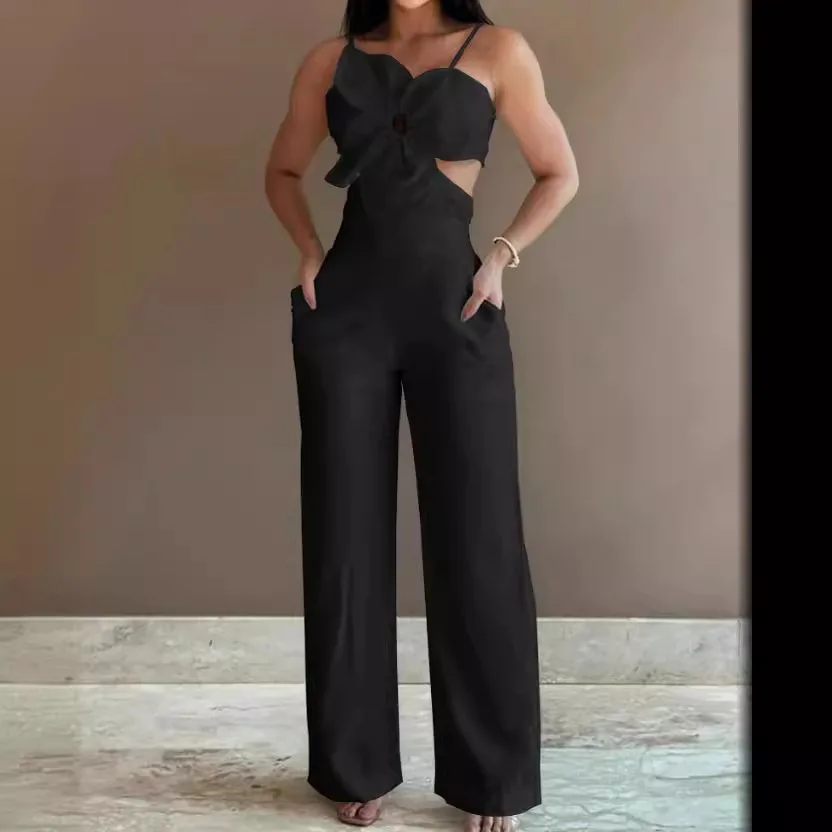 Jumpsuit wanita pola bunga Suspender kasual modis tanpa lengan kantor elegan ramping warna Solid kaki lebar musim panas