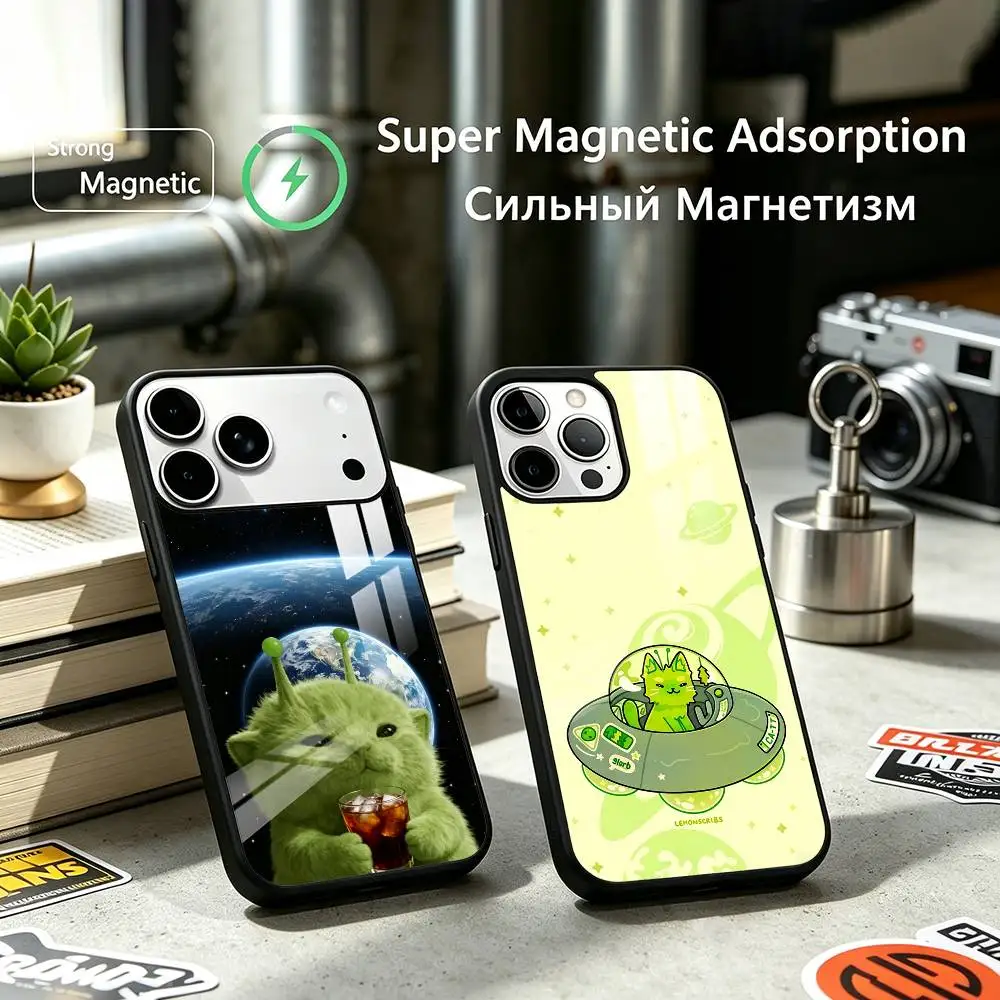 Popular Online Alien Cat Phone Case For iPhone17,16,15,14,13,12 Plus,Pro Allows magnetic wireless charging